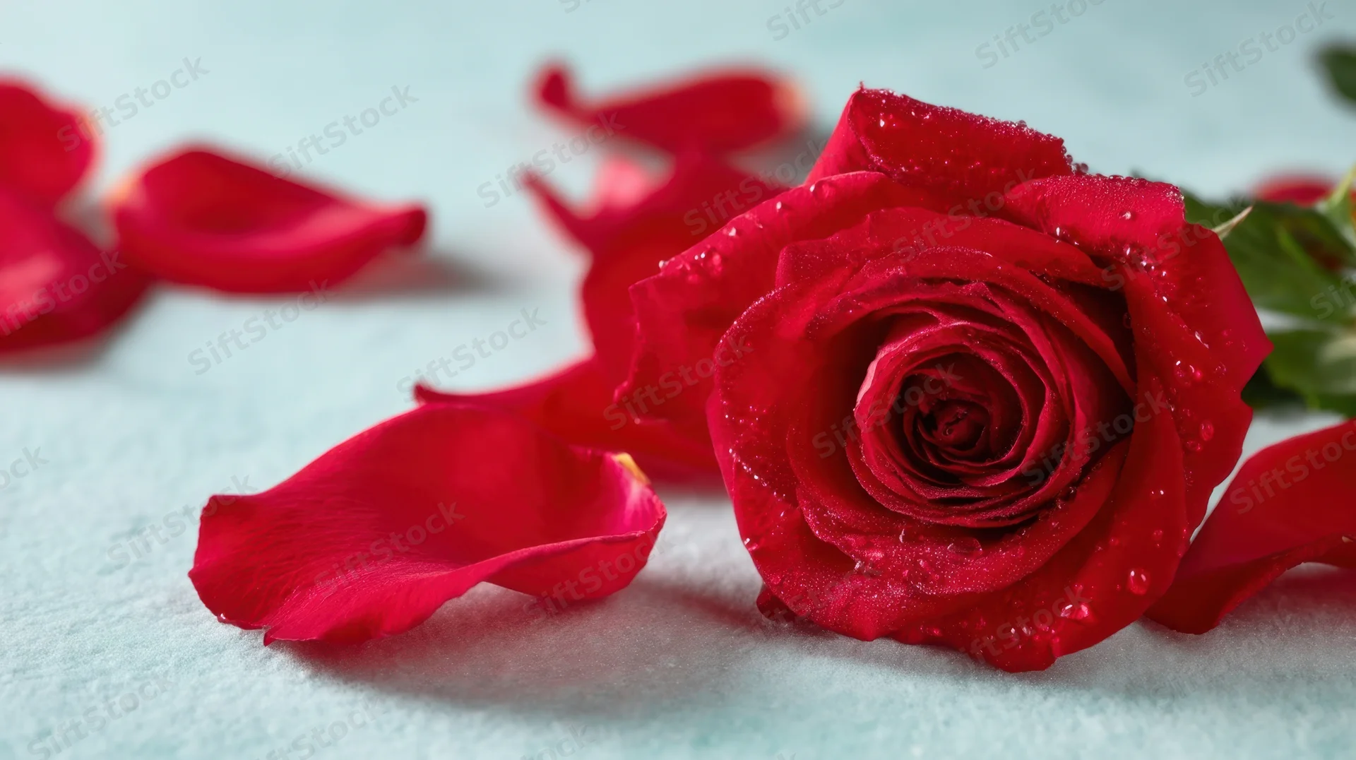 A red rose with water droplets and scattered petals on a light surface