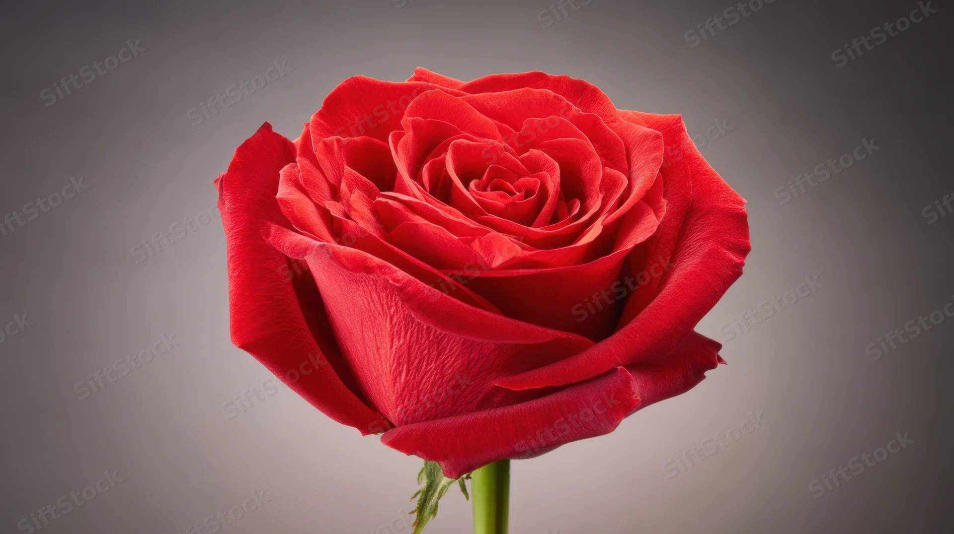 Closeup of a single red rose bloom on a green stem against a gradient gray background