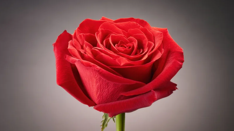 Closeup of a single red rose bloom on a green stem against a gradient gray background