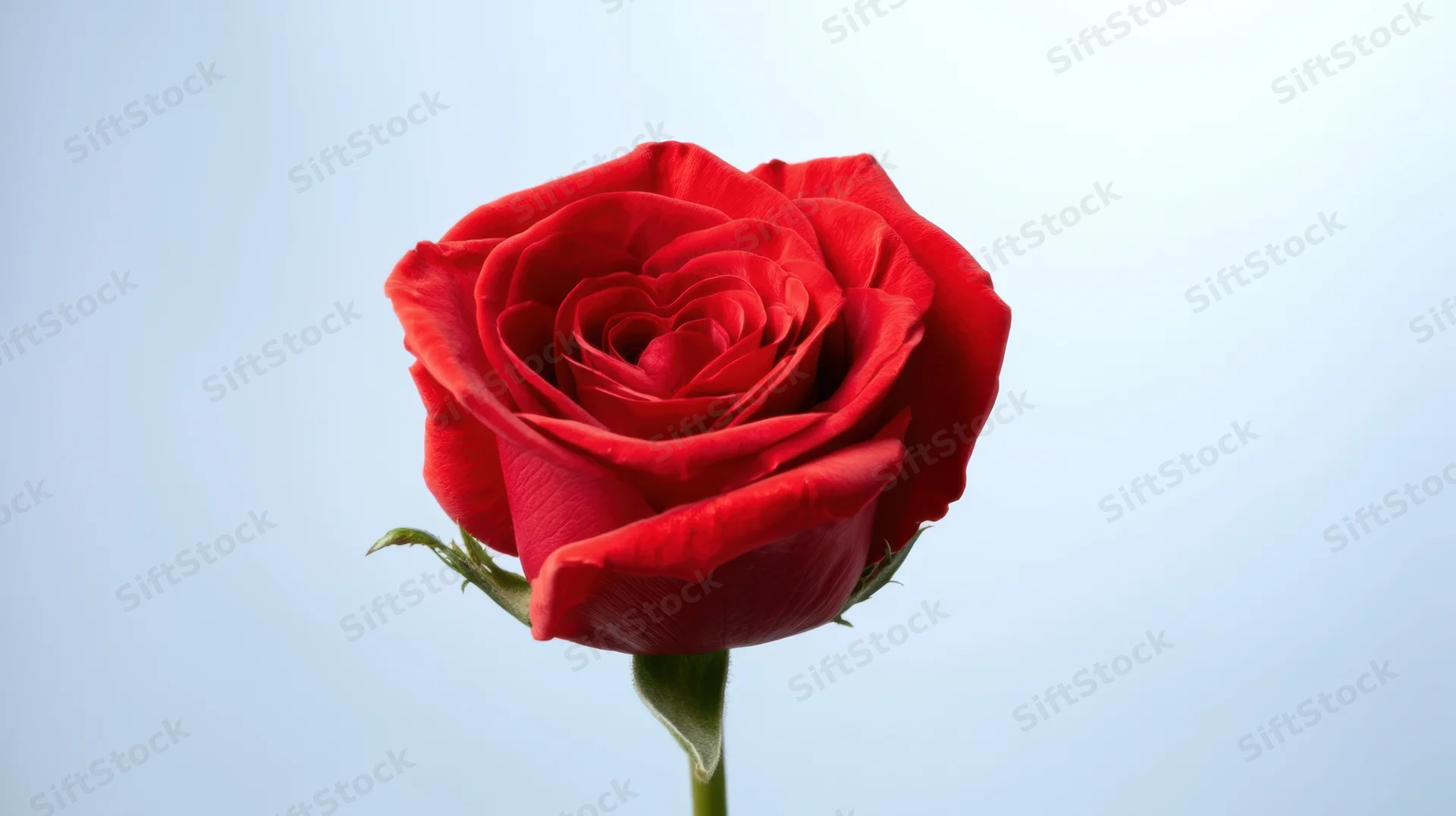 Single red rose in full bloom against a light blue background