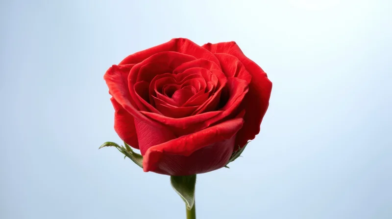 Single red rose in full bloom against a light blue background