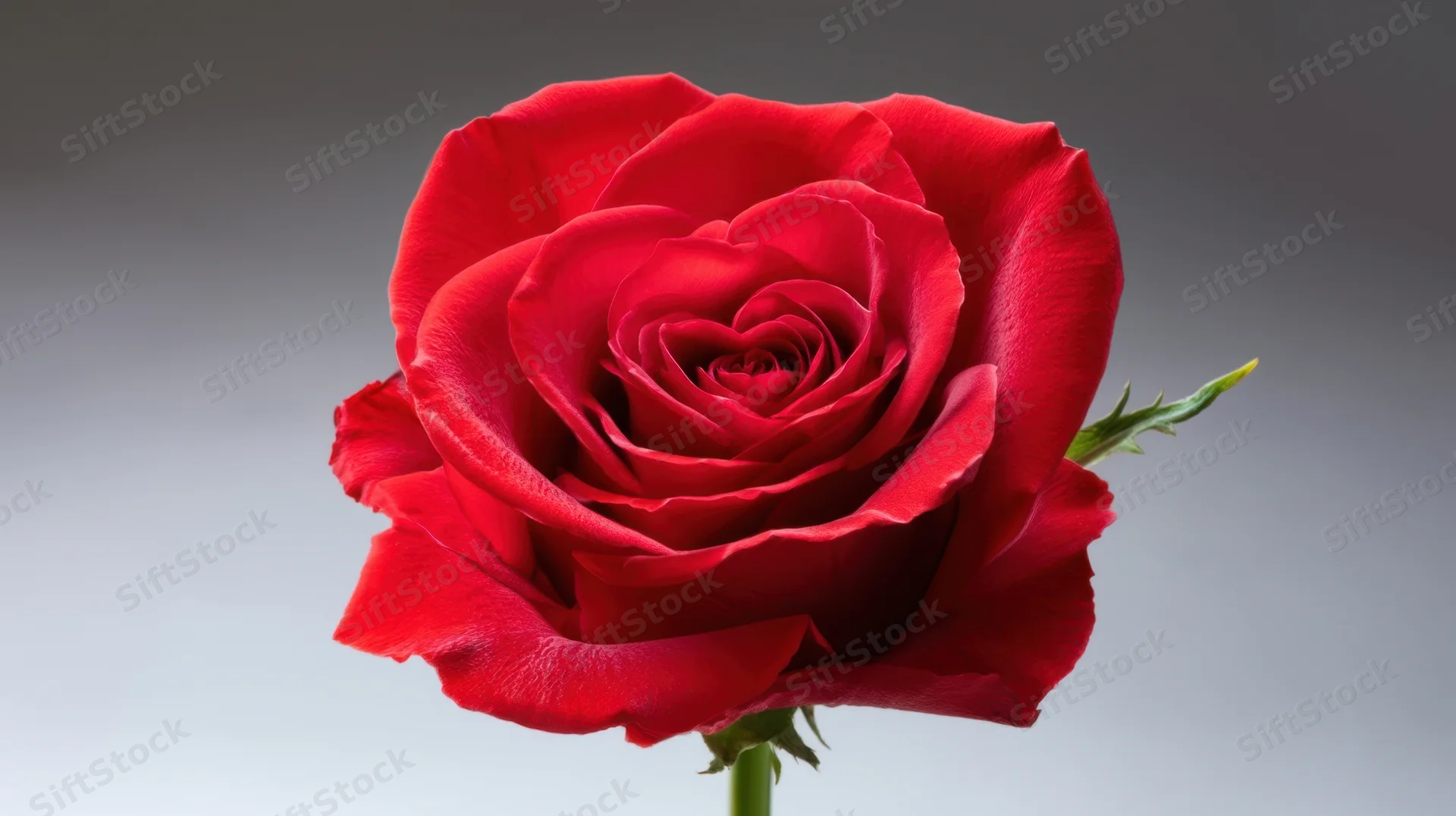 Closeup of a single red rose bloom on a stem against a gradient background