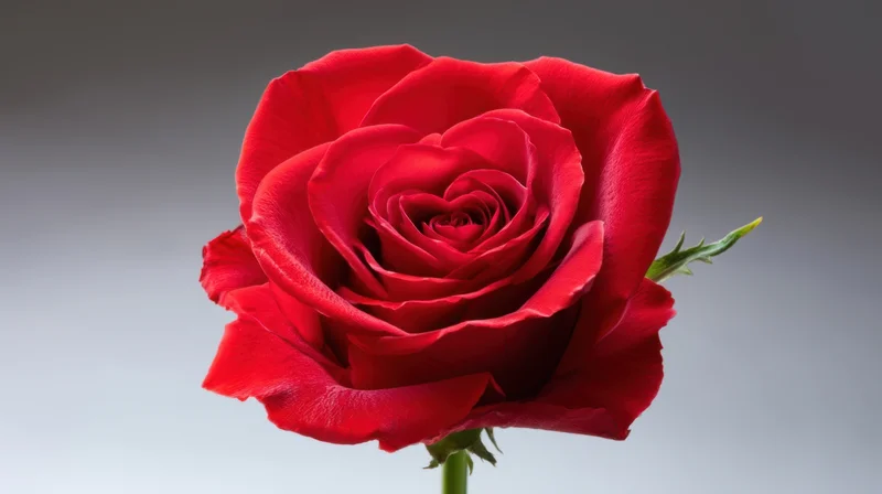 Closeup of a single red rose bloom on a stem against a gradient background