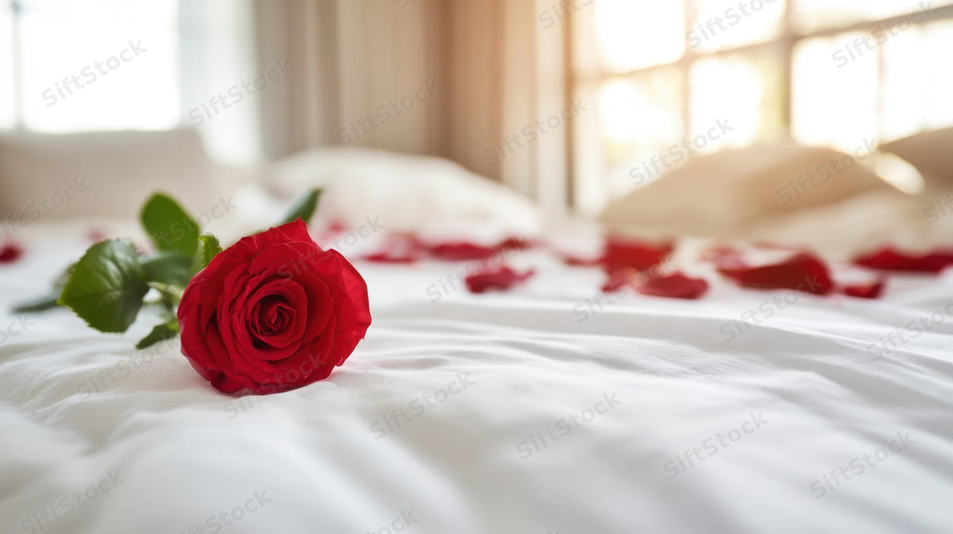 Red rose with scattered petals on white bed linen in a sunlit bedroom