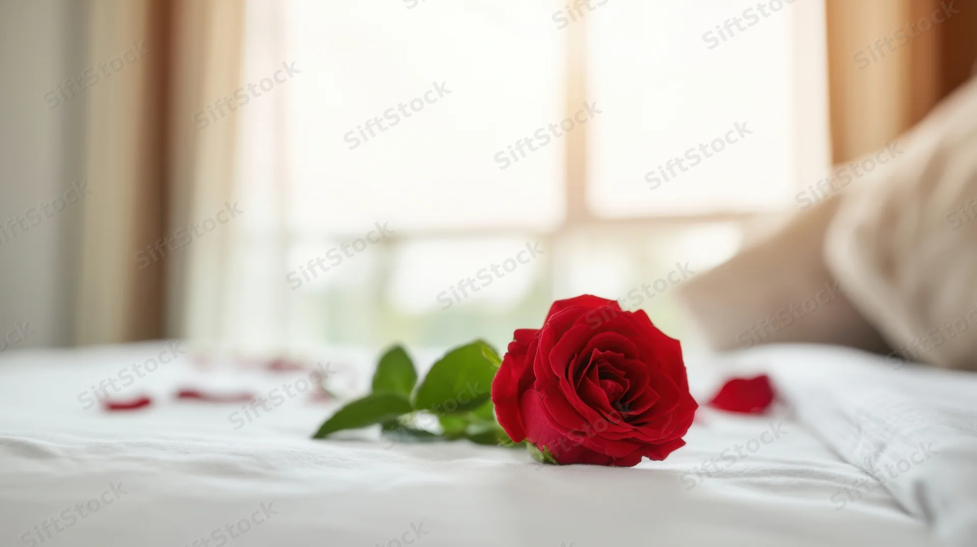 Single red rose lying on white bedsheet near window in bedroom