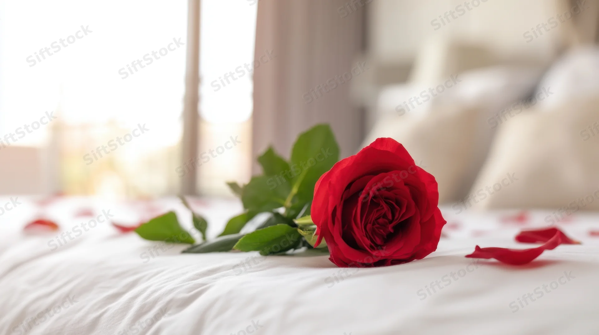 Single red rose with scattered petals lying on white bed linens near a window