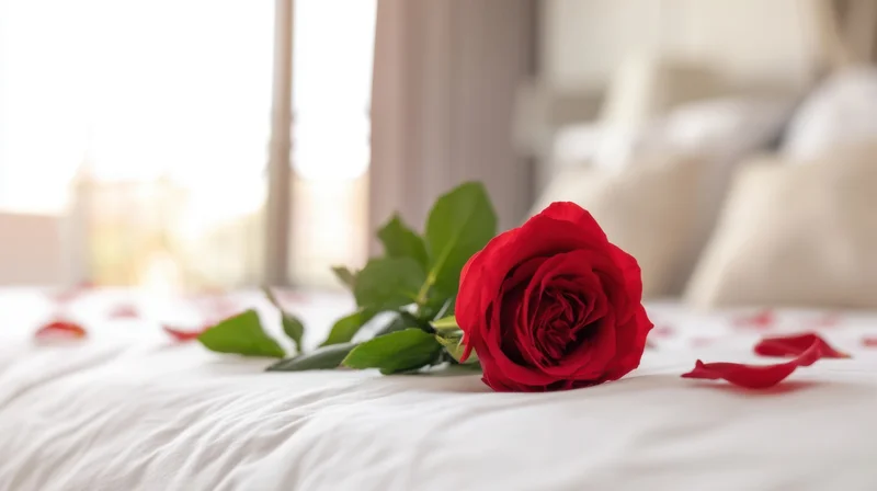 Single red rose with scattered petals lying on white bed linens near a window