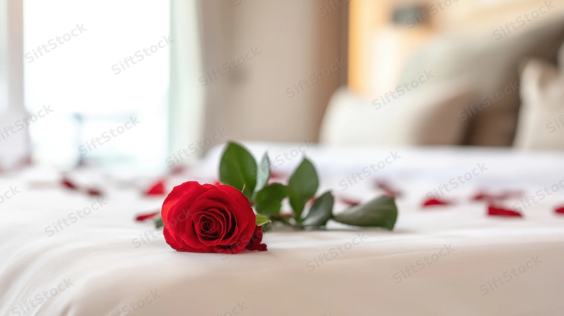 Single red rose with scattered petals on a white bed in a softly lit bedroom