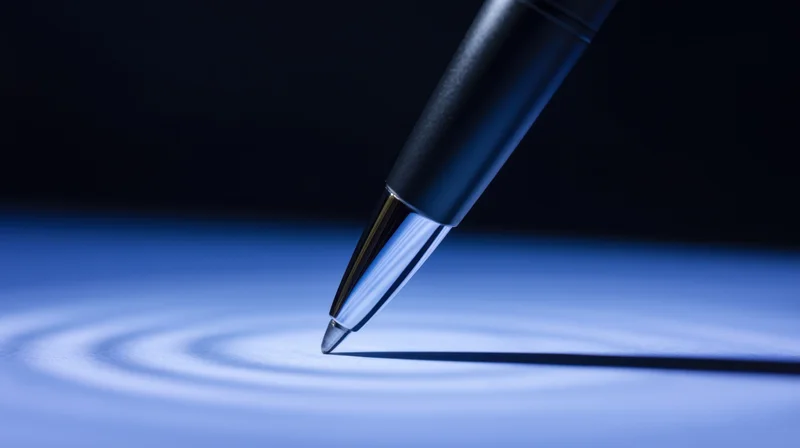 Sleek pen tip hovering over a blue surface with concentric light ripples