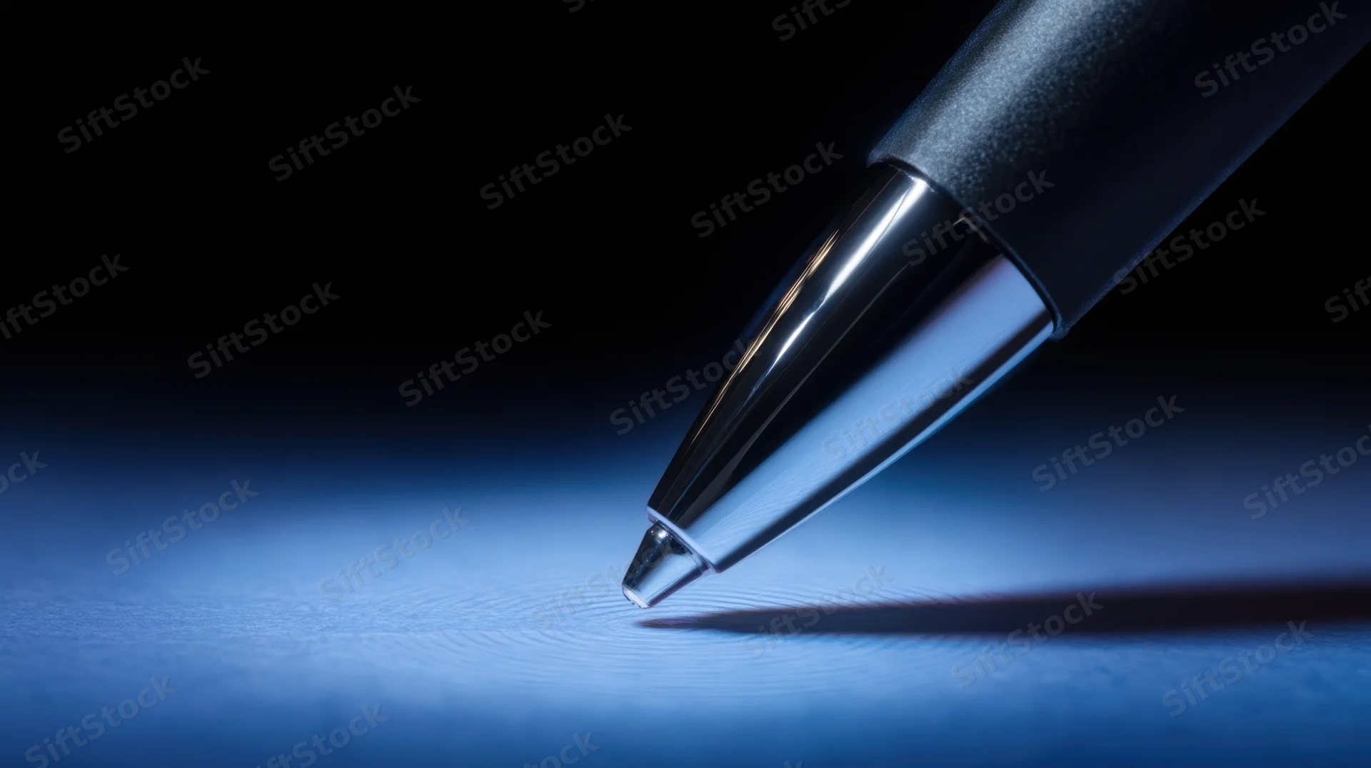 Closeup of a sleek black pen with metallic tip resting on blue textured surface