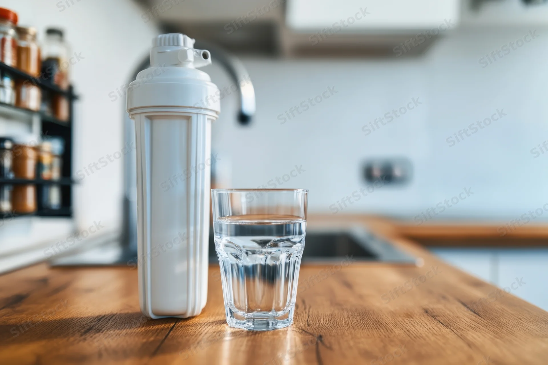 White water filter pitcher and glass of water on wooden kitchen countertop near sink