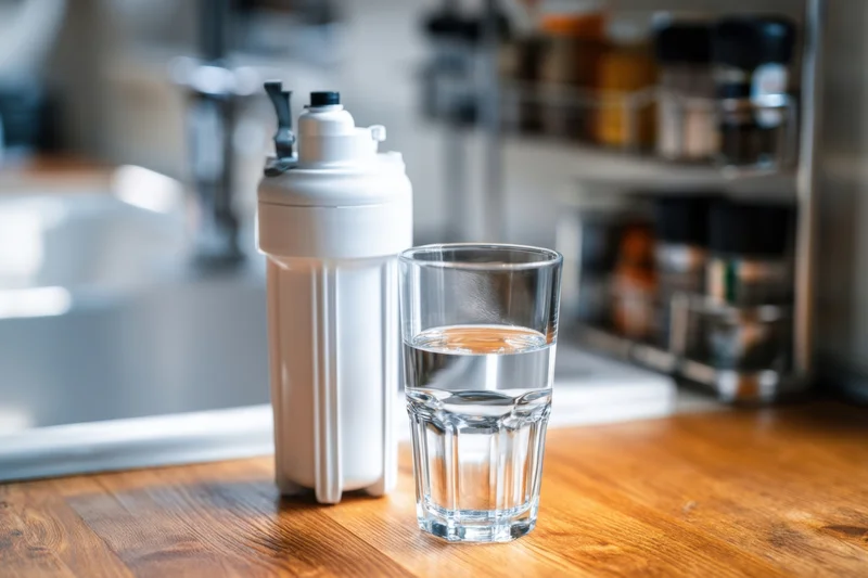 Water filter and glass of water on wooden kitchen countertop