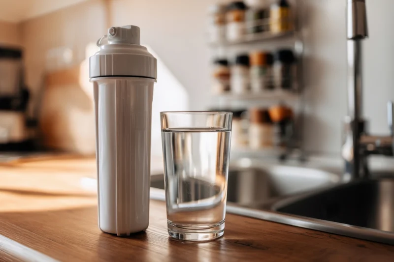 Water filter and glass of water on kitchen countertop near sink