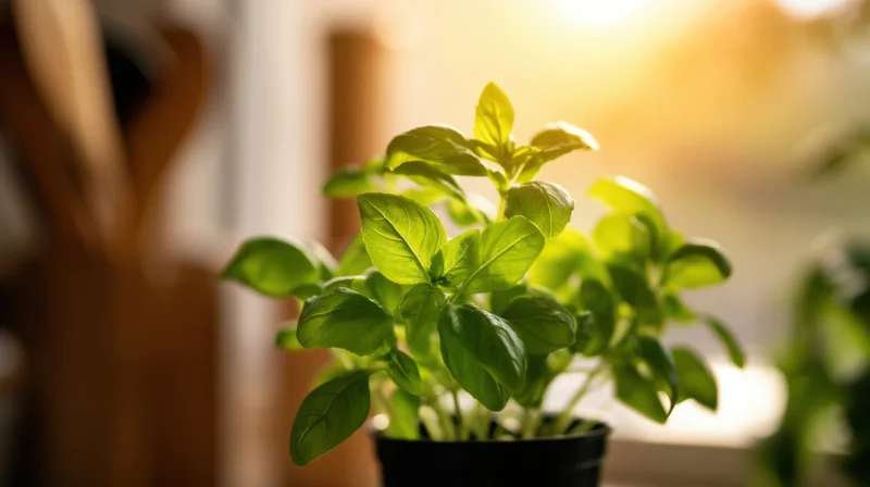 Basil plant in a black pot near a sunlit window in a kitchen