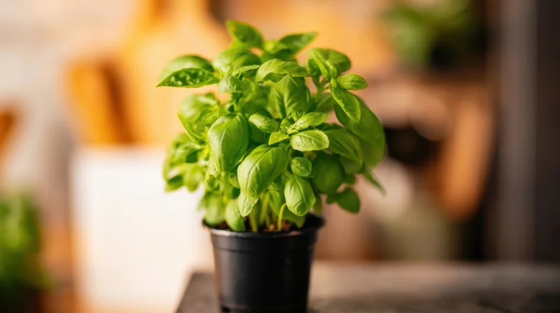 Basil plant in a black pot on a kitchen countertop