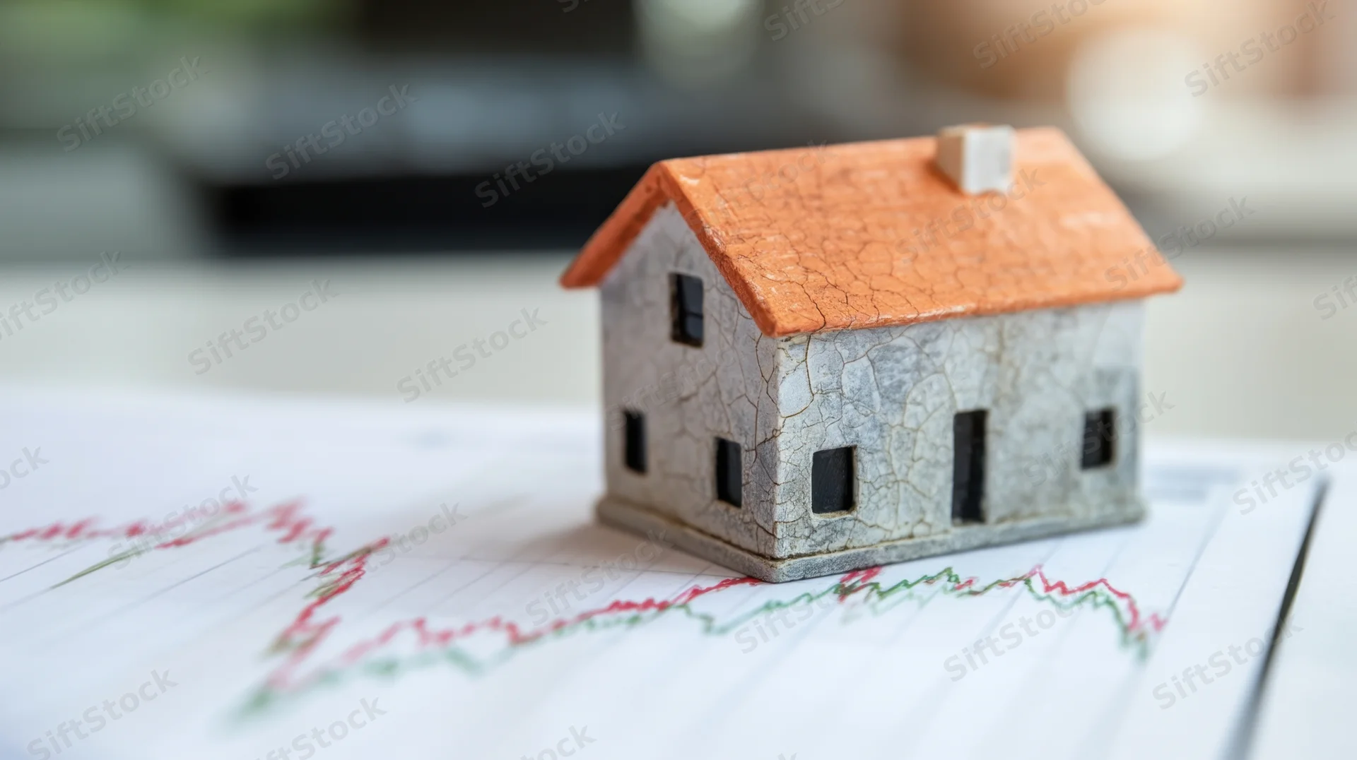 Miniature house model placed on financial graph paper
