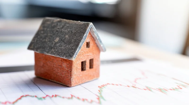 Small ceramic house model placed on financial graph paper in office setting