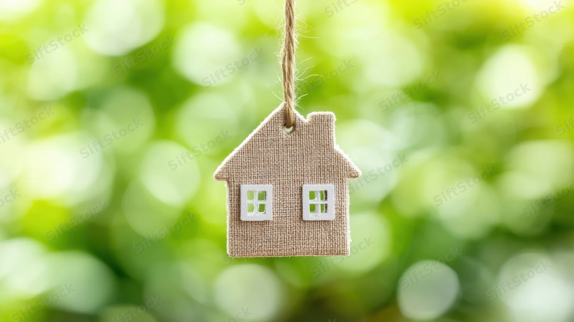 Small burlap house tag hanging from string against green bokeh background