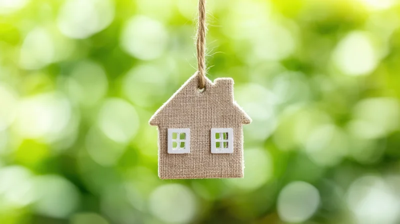 Small burlap house tag hanging from string against green bokeh background