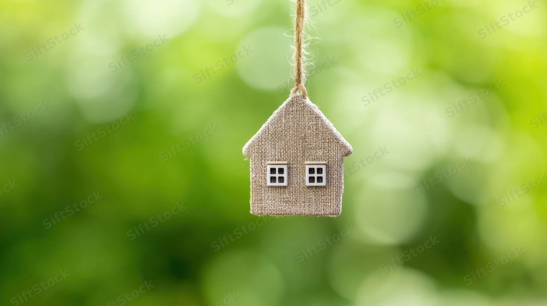 Small house-shaped decoration hanging from twine against a blurred green natural background