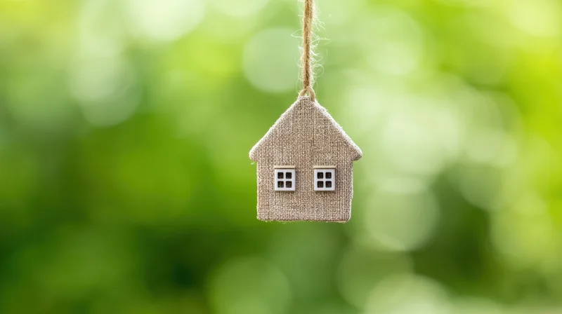 Small house-shaped decoration hanging from twine against a blurred green natural background