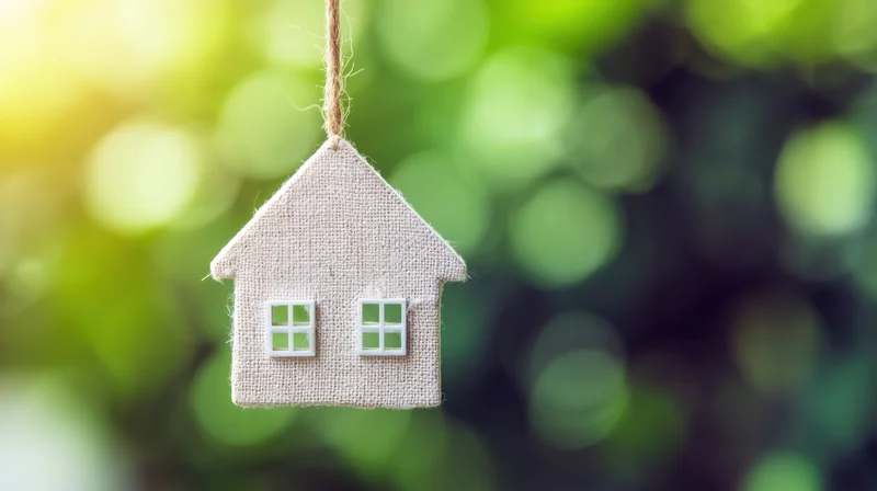 Small burlap house decoration hanging from twine against blurred green foliage background