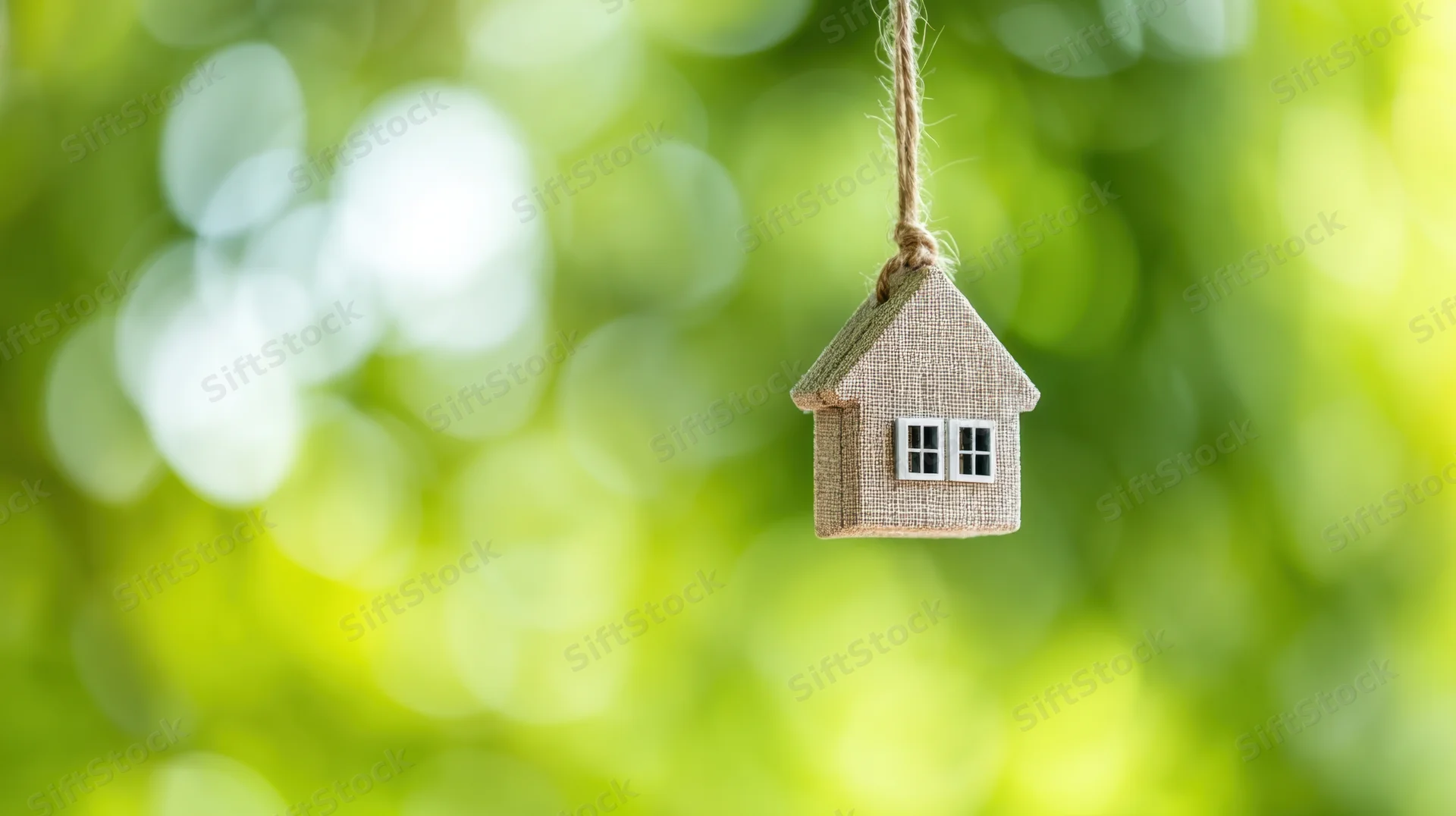 Miniature house made of burlap hanging from a rope against a blurred green foliage background