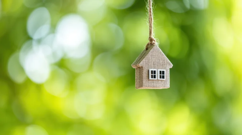 Miniature house made of burlap hanging from a rope against a blurred green foliage background