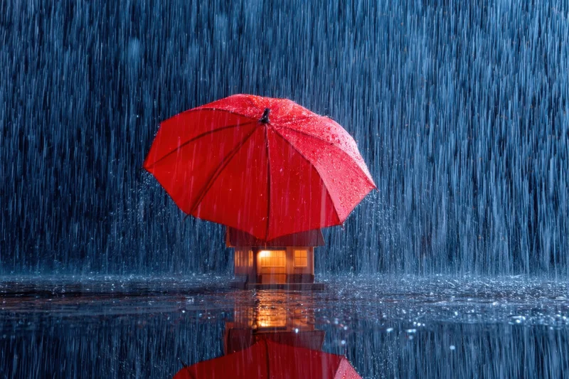 Small house under red umbrella in heavy rain with glowing window and water reflection