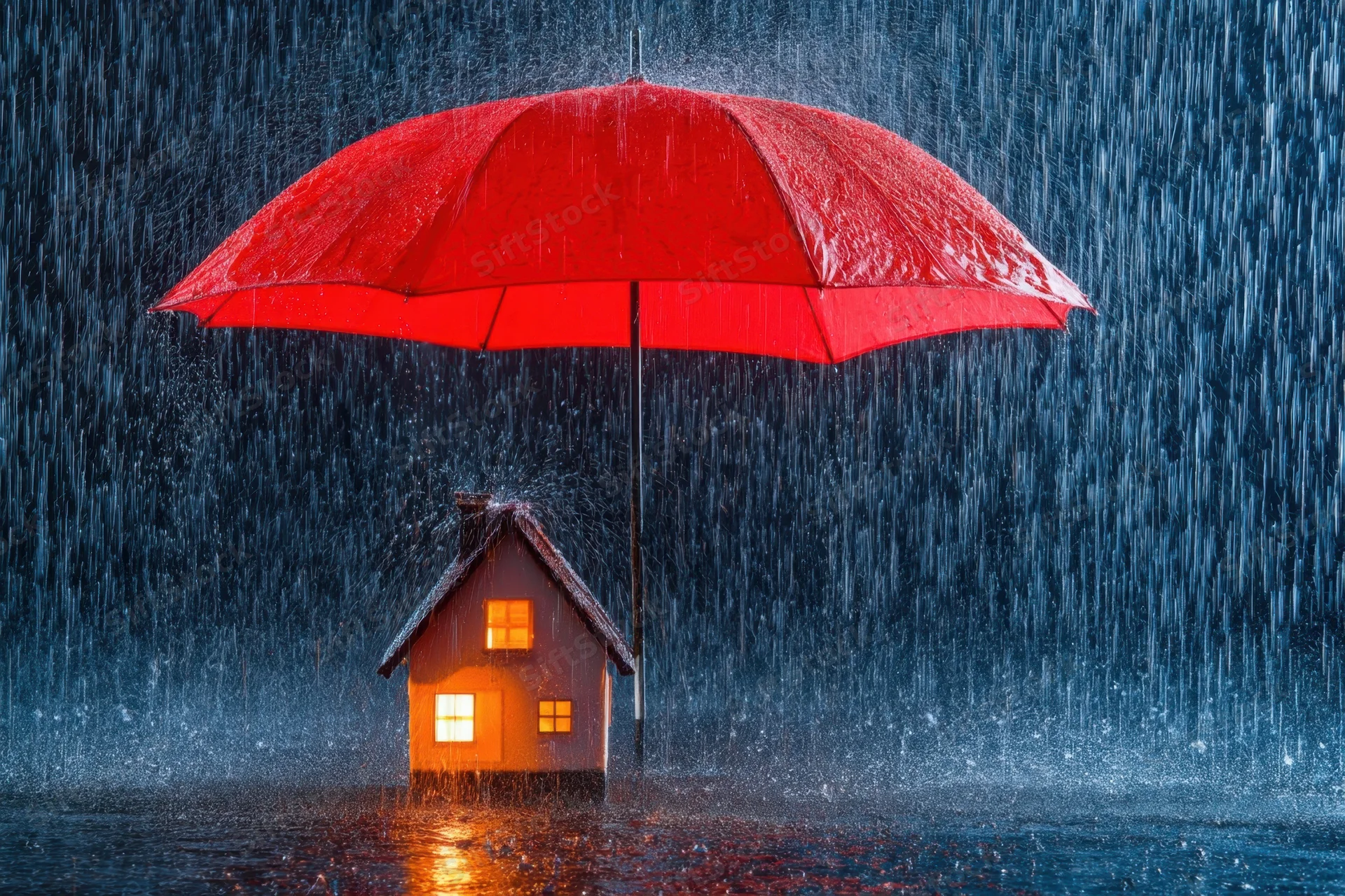 Small house under red umbrella during heavy rain, illuminated windows reflecting on wet surface