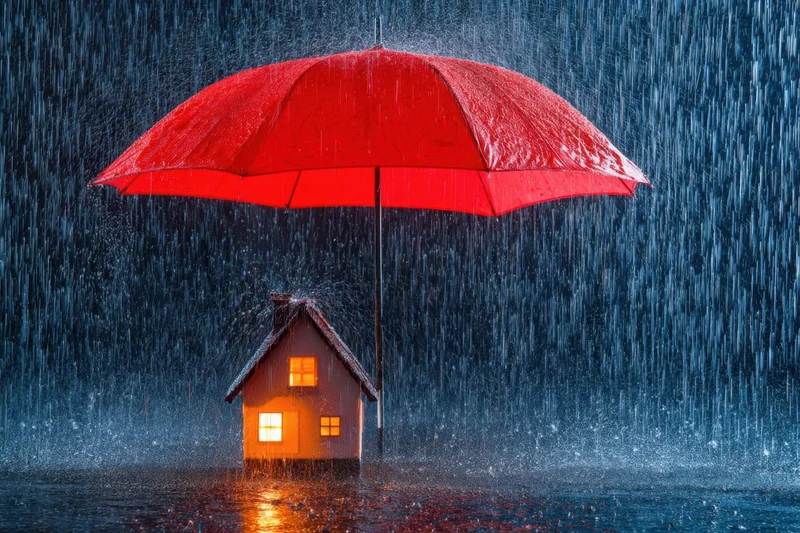 Small house under red umbrella during heavy rain, illuminated windows reflecting on wet surface