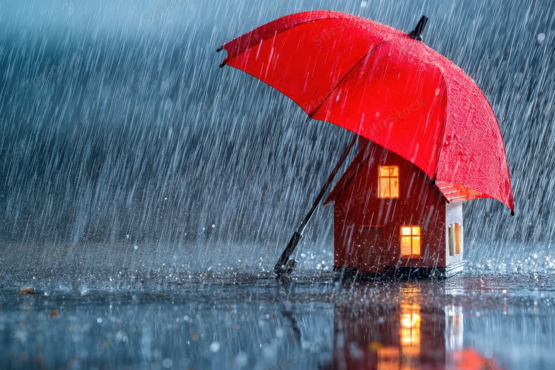 Small house under red umbrella in heavy rain with glowing windows and wet reflections