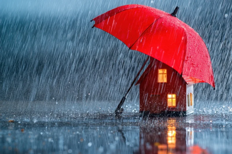 Small house under red umbrella in heavy rain with glowing windows and wet reflections