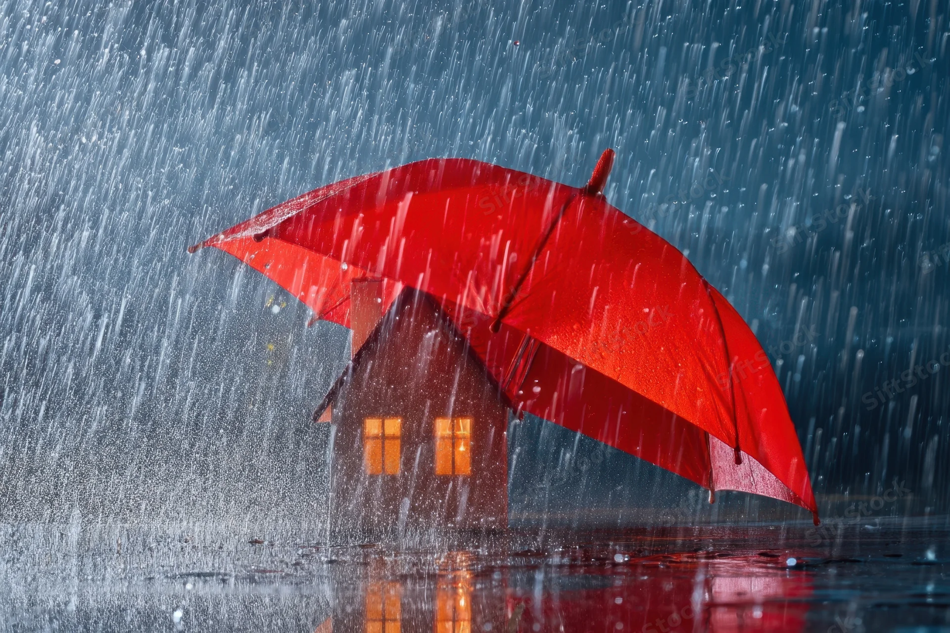 Small house under red umbrella in heavy rain with glowing windows and wet reflections