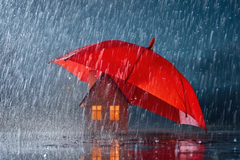 Small house under red umbrella in heavy rain with glowing windows and wet reflections