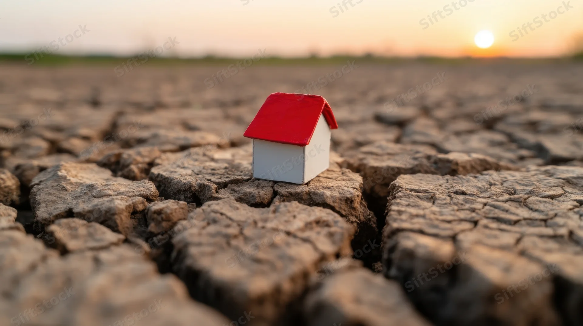 Small white house with red roof sits on cracked dry earth at sunset