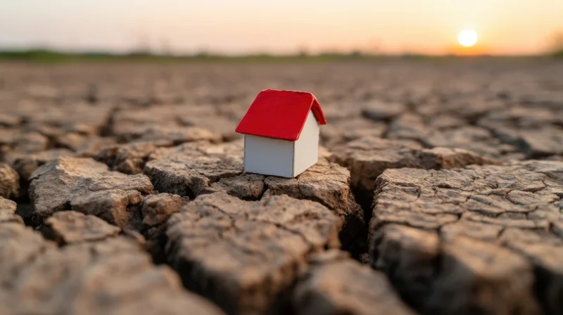 Small white house with red roof sits on cracked dry earth at sunset
