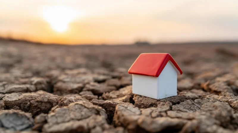 Miniature house on cracked dry soil at sunset