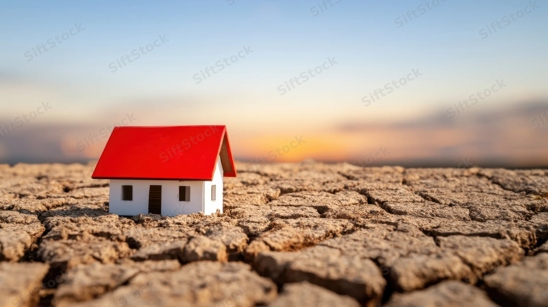 Miniature house on cracked dry soil at sunset