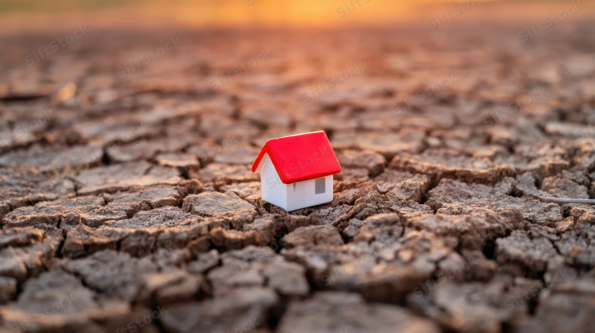 Miniature house with red roof sitting on cracked dry earth under warm sunset light