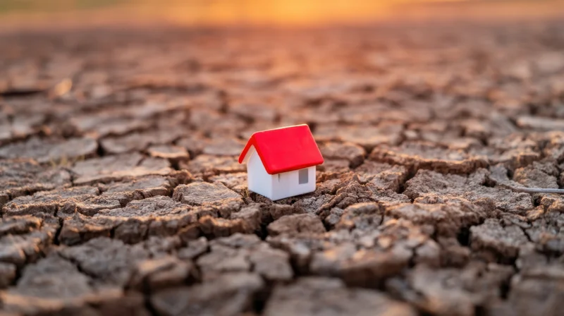 Miniature house with red roof sitting on cracked dry earth under warm sunset light