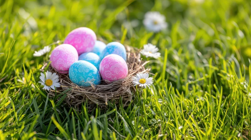 Colorful painted easter eggs in a nest surrounded by daisies on green grass