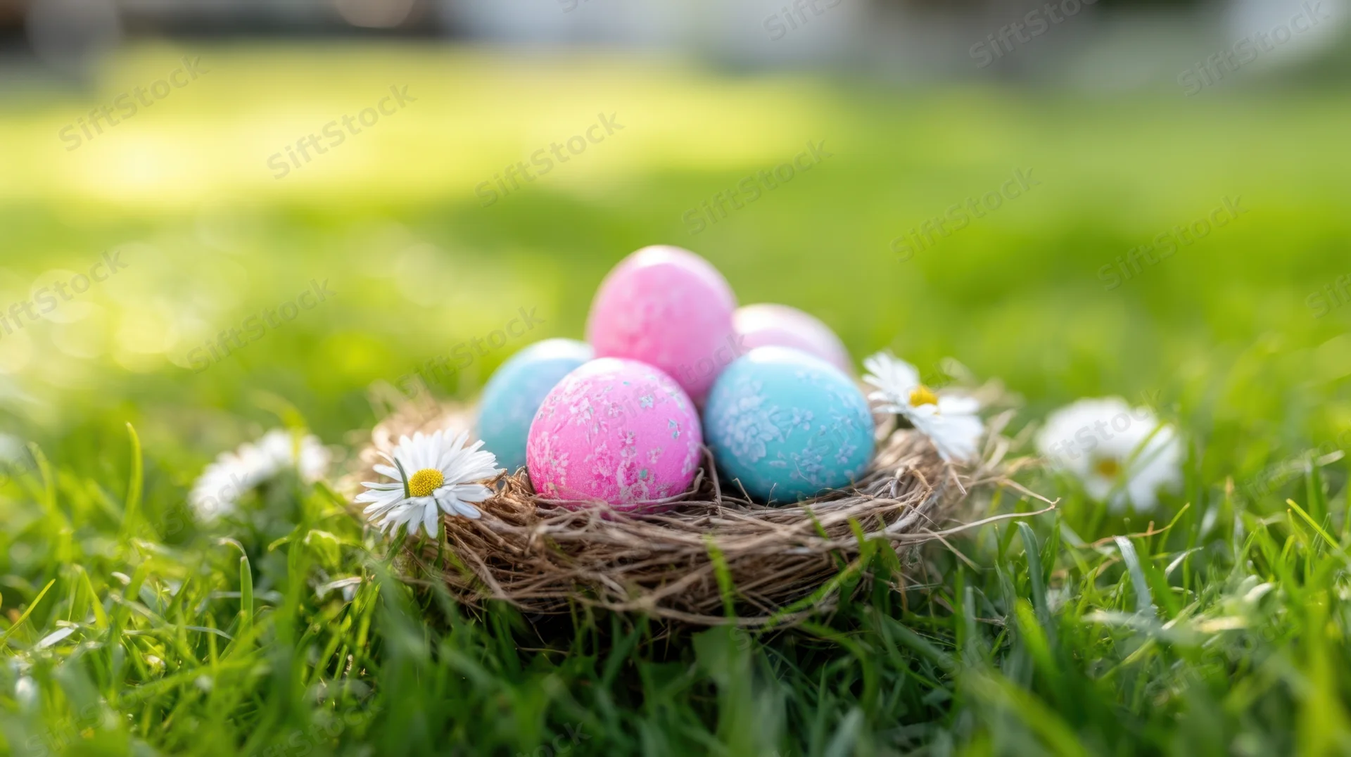 Colorful easter eggs in a nest surrounded by daisies on green grass