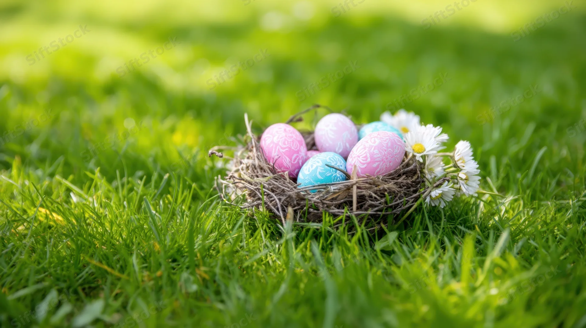 Decorated easter eggs in a nest on green grass with daisies