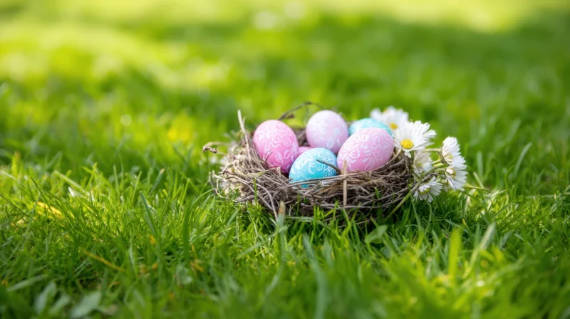 Decorated easter eggs in a nest on green grass with daisies