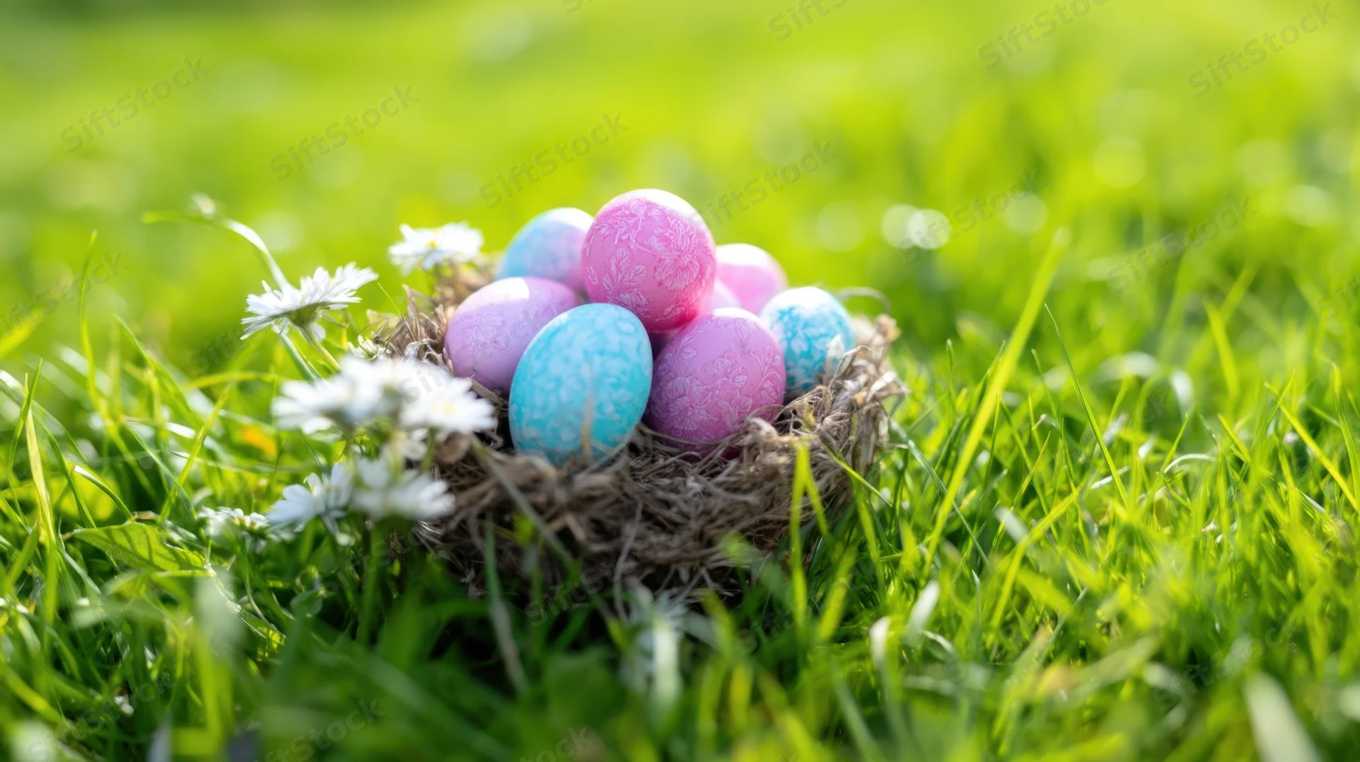 Colorful easter eggs in a nest surrounded by grass and white flowers
