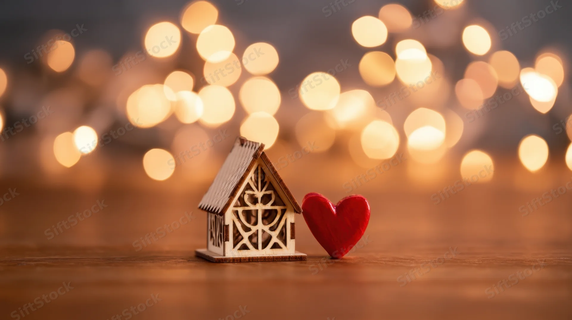 Small wooden house and red heart on wooden surface with blurred lights in background