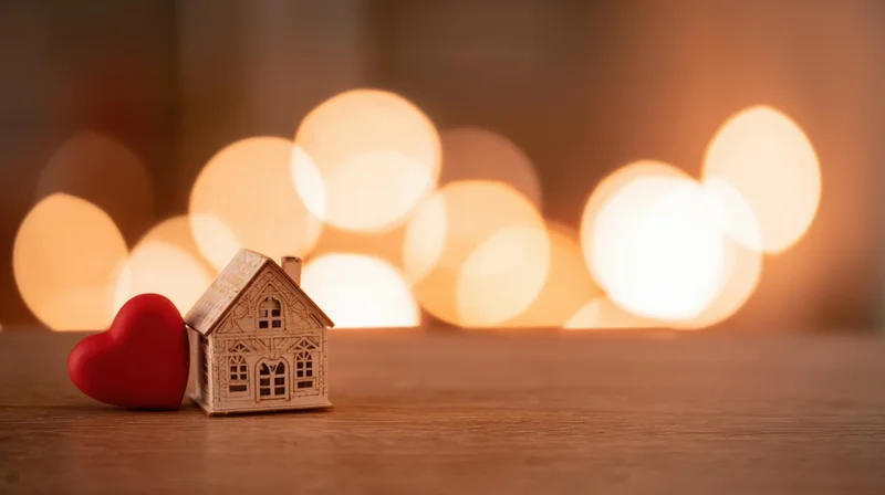 Small wooden house and red heart on wooden surface with warm bokeh lights in background