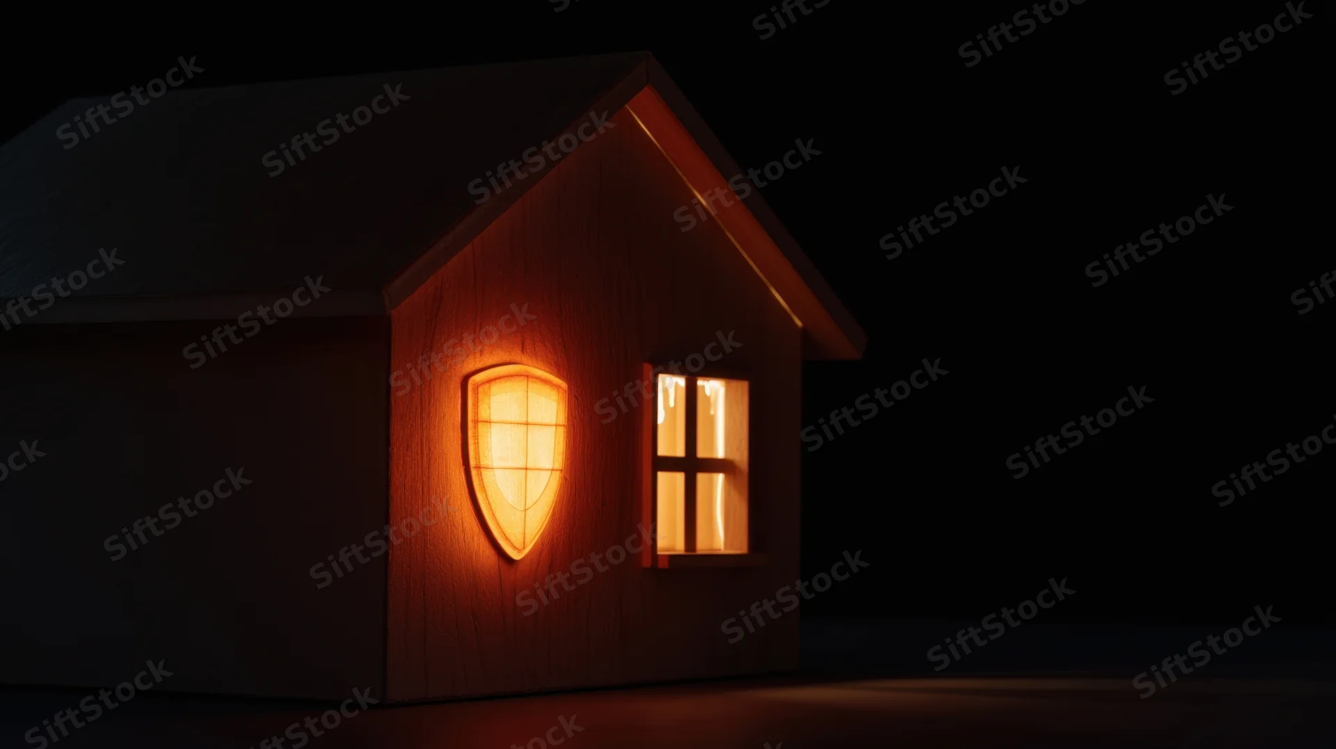 Small wooden house with glowing shield and lit window at night