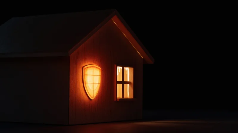 Small wooden house with glowing shield and lit window at night